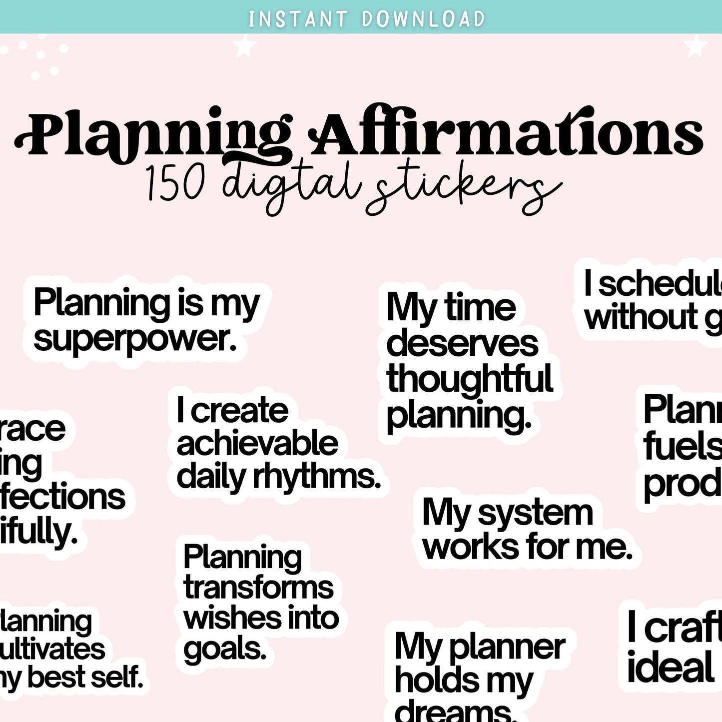 150 Planner Affirmation Digital Sticker Bundle Planner Stickers for Ambitious Women, Self Care Personal Development Career Development