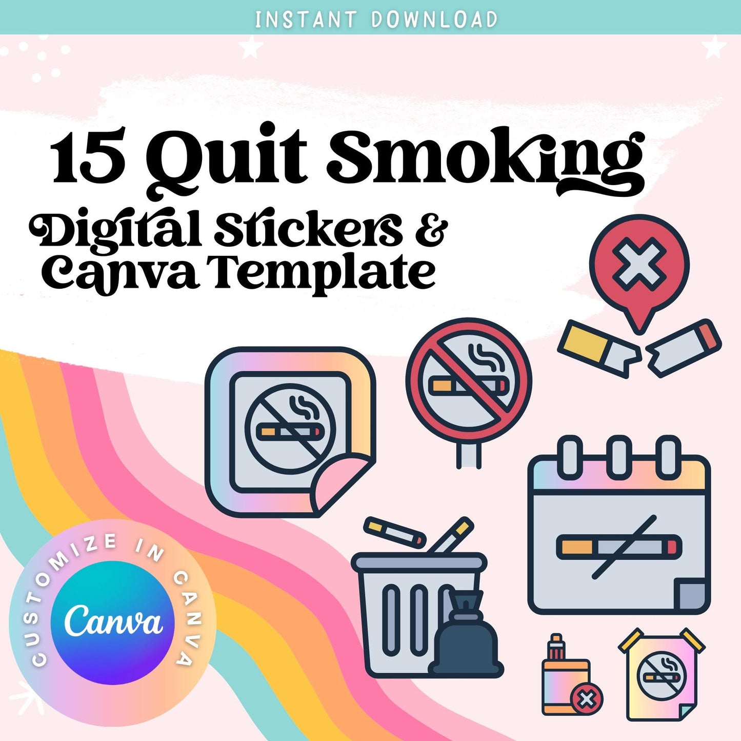 15 Quitting Smoking Editable and Printable Digital Stickers for Planners | Canva Sticker Template Included | Instant Download