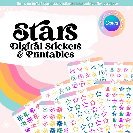 Star Digital Planner Stickers with Canva Template and Printable Files